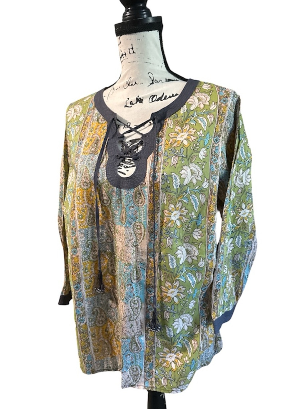 Boho Paisley Floral Print Lace-Up Tunic Top Lightweight Cotton Sz L Cottagecore